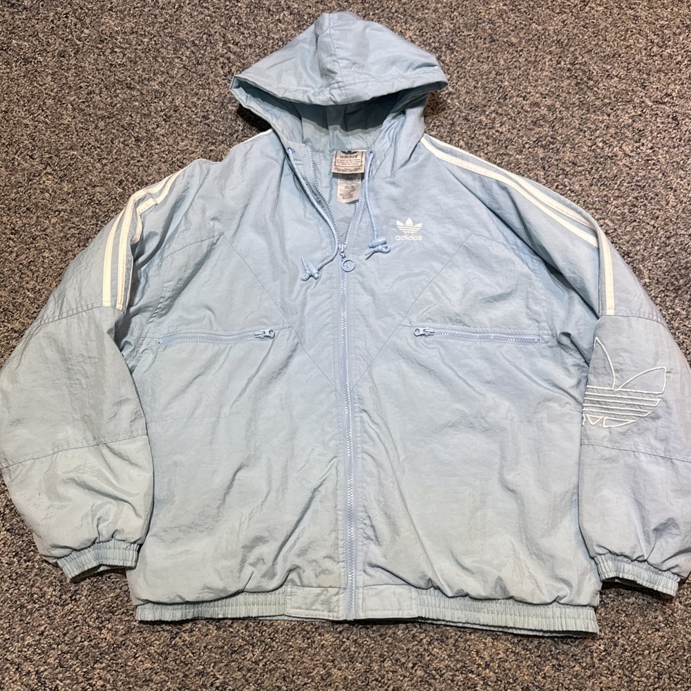 VTG 80s 90s Trefoil Nylon Adidas Outer Jacket Windbreaker Powder Baby Blue LG